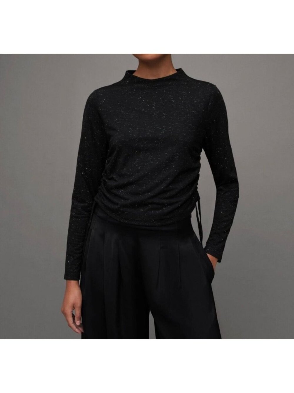 NEW All Saints Beta Shimmer Top Black Long Sleeve Ruched Tie-Side Sparkle Knit